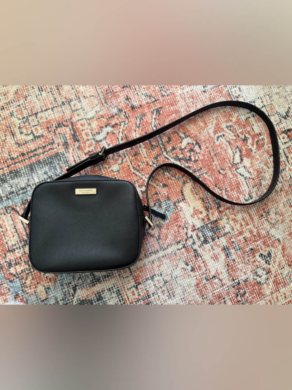 kate spade black leather square crossbody with gold plaque